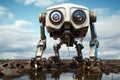 A robot with big eyes standing in the mud, AI Royalty Free Stock Photo