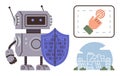 Robot with Binary Code Shield, Touchscreen Interaction, and Smart Mall Building Concept Royalty Free Stock Photo