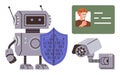 Robot with security shield, surveillance camera, and ID card representing advanced AI data protection Royalty Free Stock Photo