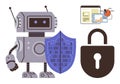 Robot with binary shield, digital lock, and data analytics interface symbolizing cybersecurity Royalty Free Stock Photo