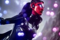 Robot in black combat suit with a red mask of a cyborg and spots of light in the background, made with generative AI Royalty Free Stock Photo