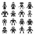 Robot black icon set, characters for game, media