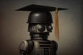 Robot with a black mortarboard. Graduated robot, Artificial intelligence metaphor