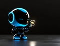 The robot is a blue artificial intelligence assistant holding a light bulb Royalty Free Stock Photo