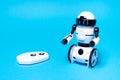 Robot on a blue background. A toy for a boy on the radio control Royalty Free Stock Photo