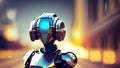 A robot with a blue face stands in front of a blurred background Royalty Free Stock Photo