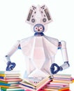 Robot teacher with book for kid. White plastic robotic device.