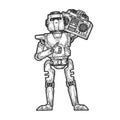 Robot with boombox music player sketch engraving