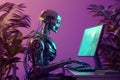 Robot bot with computer. New technologies. Artificial intelligence. GPT Chat. openAI. Wallpaper. Background. Royalty Free Stock Photo