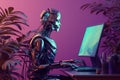 Robot bot with computer. New technologies. Artificial intelligence. GPT Chat. openAI. Wallpaper. Background. Royalty Free Stock Photo