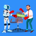 Robot Boxing With Businessman For Vacant Place At Work, HR Concept Vector. Isolated Illustration