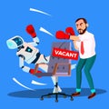 Robot Boxing With Businessman For Vacant Place At Work, HR Concept Vector. Isolated Illustration