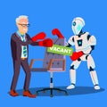 Robot Boxing With Businessman For Vacant Place At Work, HR Concept Vector. Isolated Illustration