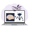 Robot and brain illustration on open laptop screen with abstract purple leaves in background Royalty Free Stock Photo