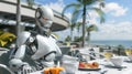 Robot at breakfast during a vacation on the coast Royalty Free Stock Photo