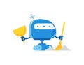 Robot with broom and scoop cleaner. Housework cleaning service. Artificial Intelligence. Vector illustration.