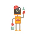 Robot buider character, android standing with trowel and bucket cartoon vector illustration Royalty Free Stock Photo