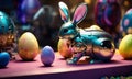 Robot bunny Easter eggs. Selective focus.