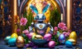 Robot bunny Easter eggs. Selective focus.