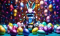 Robot bunny Easter eggs. Selective focus.