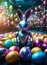 Robot bunny Easter eggs. Selective focus.