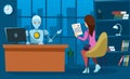 Robot businessman boss and female candidate with cv resume in the office. Recruitment, job interview concept. Flat style Royalty Free Stock Photo