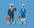 Robot businessman and businesswoman riding on gyro scooter hoverboard