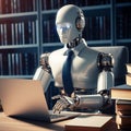 Robot-businessman freelancer using laptop computer in office