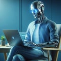 Robot-businessman freelancer using laptop computer in office