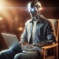 Robot-businessman freelancer using laptop computer in office