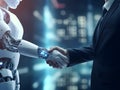 Robot and businessman in handshake. Concept of human robot relationships. AI generated image