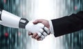 Robot and businessman in handshake. Concept of human robot relationships. AI generated image