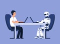 Robot and businessman. Robots vs human, future replacement conflict. Ai, artificial intelligence vector concept