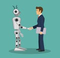 Robot and businessman shaking hands . Human and artificial intelligence agreement