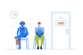 Robot and Businessman Sitting in Lobby Waiting Invitation for Job Interview. Human and Machine Characters Hiring