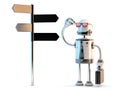 Robot businessman standing confused near sign post. 3D illustration. Isolated
