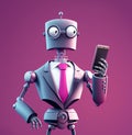 Robot businessman stands holding a mobile phone over purple background, cartoon portrait, generative AI illustration