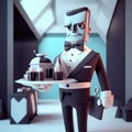 robot butler carrying a tray of refreshments in a luxurious mansion, with a bow-tie digital character avatar AI Royalty Free Stock Photo