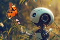 A robot with a butterfly perched on its back in a whimsical moment of nature-meets-technology, A childlike robot observing a