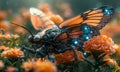 A robot butterfly is walking through a field of flowers Royalty Free Stock Photo