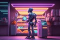 the robot came shopping to the store neon light. illustration Generative AI