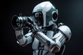 Robot with camera on a dark background. 3d rendering. Futuristic AI robot photographer, model actor doing a photoshoot, AI