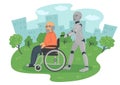 Robot caring for disabled senior man in wheelchair in the city park. Royalty Free Stock Photo