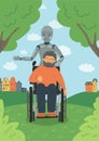 Robot caring for disabled senior man in wheelchair in the park Royalty Free Stock Photo