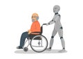 Robot caring for disabled senior man in wheelchair. Royalty Free Stock Photo