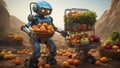 Robot carrying the harvest on an alien planet. AI Generated