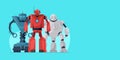 Robot cartoon character set on blue horizontal banner template. Future robotic technology poster concept. Friendly