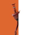 Robot Cartoon funny 3D video render - point the finger, isolate on orange
