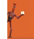 Robot Cartoon funny 3D video render - present gift, isolate on orange Royalty Free Stock Photo
