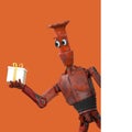 Robot Cartoon funny 3D video render - present gift, isolate on orange Royalty Free Stock Photo